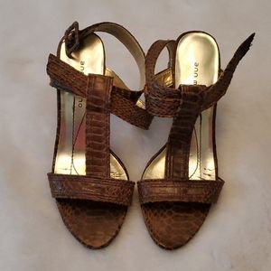 Brown faux snake skin wrap strap heels